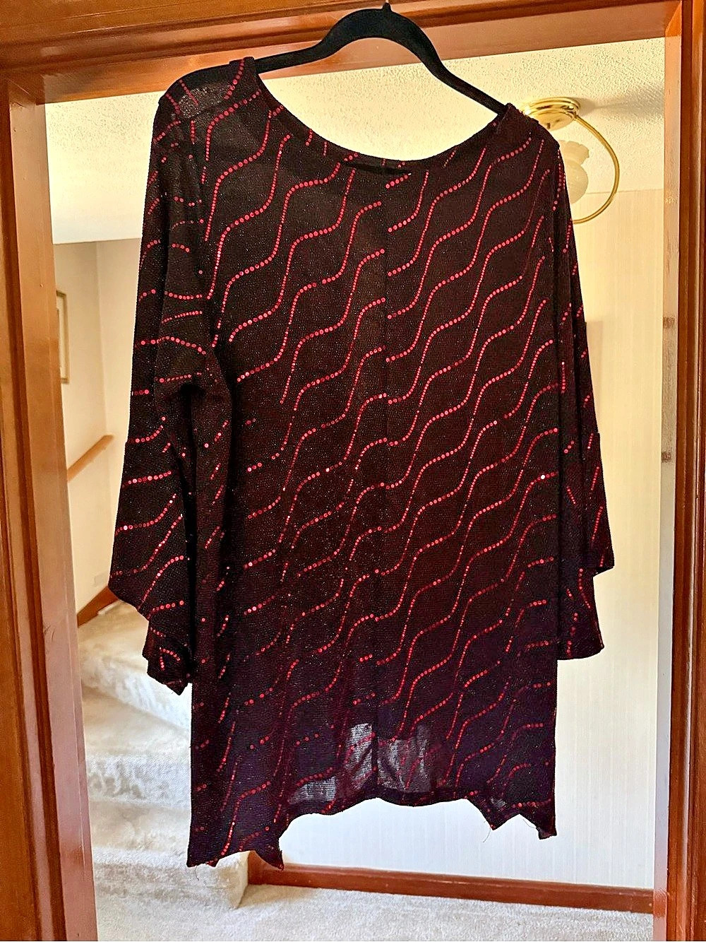 Catherines Sequin Wave Tunic Abstract Long Sleeve Black & Red